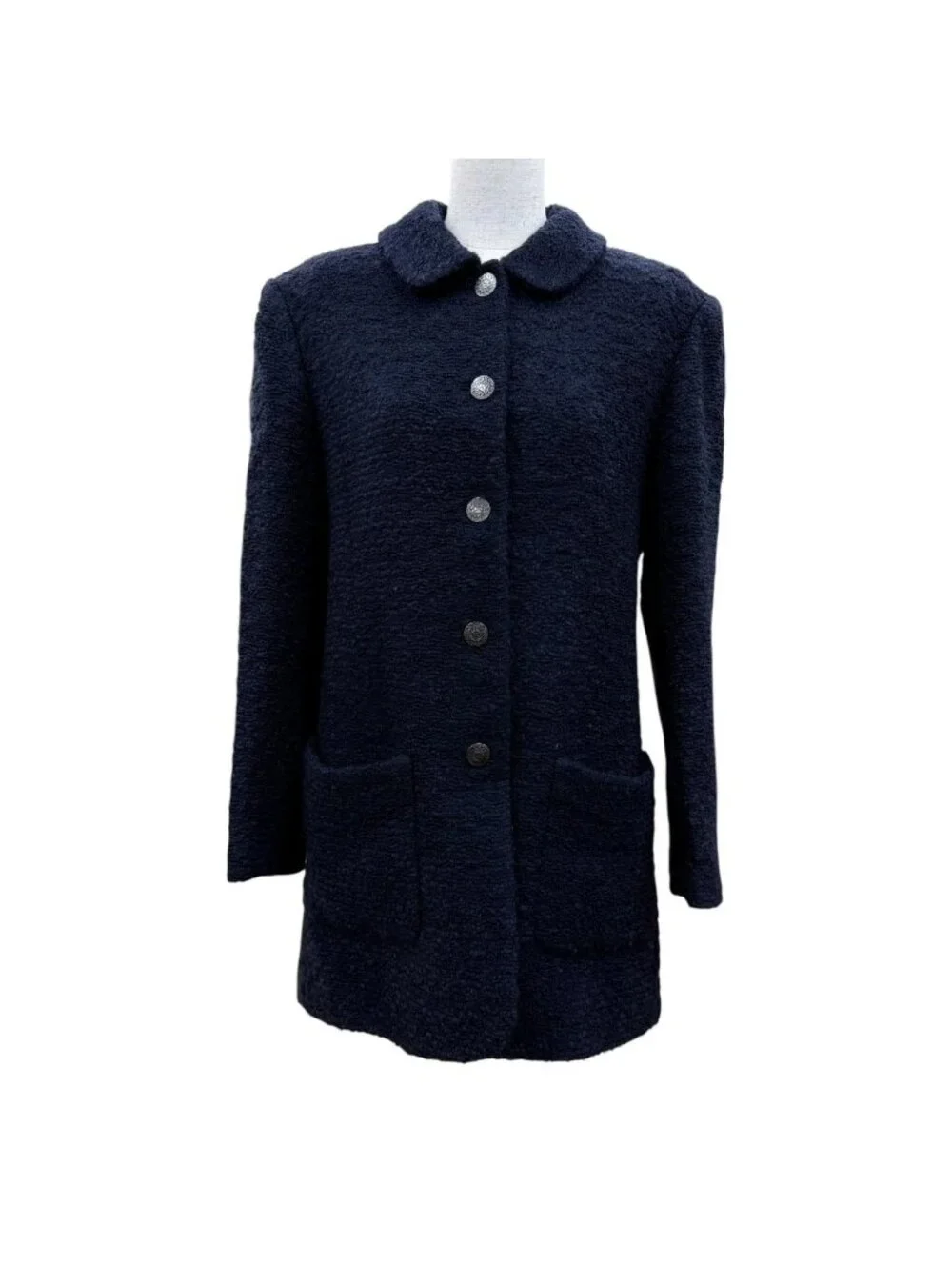 Chanel Wool Mohair CC Logo Button Tweed Coat Navy 38
